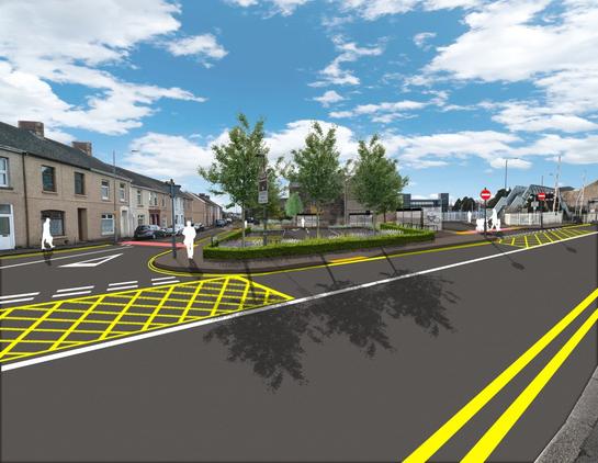 Swept path analysis plan of Llanelli transport hub showing how buses and cars circulate through the site, with new footways, crossings and cycle access points.