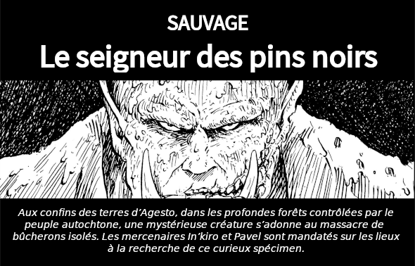 Présentation sous fond d’une illustration de l'artiste François gomes (Un vieil Orque balafré vue de face) de la nouvelle littéraire "Le seigneur des pins noirs". Un rapide résumé en présente le concept : "Aux confins des terres d’Agesto, dans les profondes forêts contrôlées par le peuple autochtone, une mystérieuse créature s’adonne au massacre de  bûcherons isolés. Les mercenaires In’kiro et Pavel sont mandatés sur les lieux à la recherche de ce curieux spécimen."