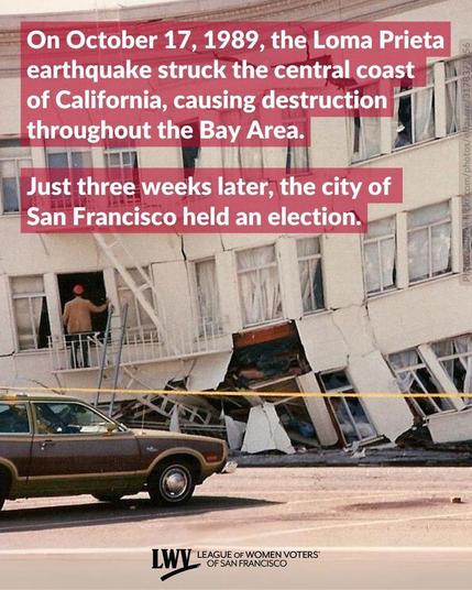 A photo of a three-story white apartment building fractured and near collapse. Text over the photo says "On October 17, 1989, the Loma Prieta earthquake struck the central coast of California, causing destruction throughout the Bay Area. Three weeks later, the city of  San Francisco held an election."