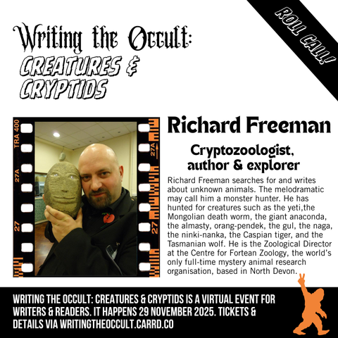 A text-heavy graphic features the bio of cryptozoologist Richard Freeman as featured in this threaded post. Richard if also pictured: He's a white man with shaved head and dark goatee beard, wearing all black, and holding a stone head beside his own.
