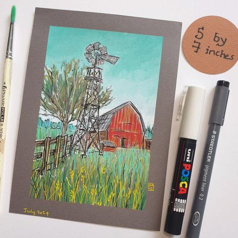 Description: 
A colour landscape drawing of a farm with a red barn and a windmill. The colour palette for this artwork is mostly green and red. The artwork has a peaceful atmosphere.
An original art work, please note that the frame is not included.
Colour pencil and mixed media on acid free toned artist paper
5 by 7 inches (12.7 by 17.8 cm). This is a standard photo size in the UK and USA and should be easy to DIY frame.