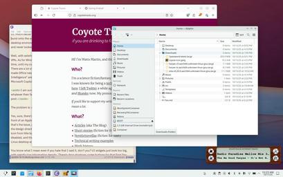 The Asahi Linux KDE desktop, showing an open Emacs window, a Firefox browser window, and a Dolphin file manager window