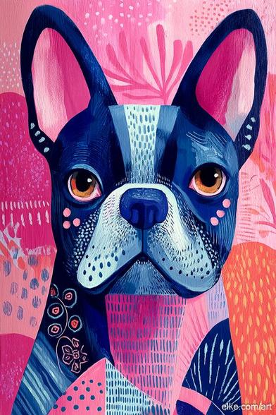 A charming French bulldog stares out with warm amber eyes, rendered in vibrant layers of cobalt, navy, and blush.

Hand-painted-style marks—dots, dashes, and tiny botanicals—dance across the muzzle and background, giving the portrait a lively, tactile feel. The bold pinks and cool blues create a happy, modern color story that brightens the room without feeling busy.

Hang this piece where joy is welcome: in living rooms for a playful focal point, kids’ rooms and nurseries for a friendly companion, entryways to greet guests with a smile, or home offices and studios that benefit from a pop of upbeat color. It pairs beautifully with white or natural wood frames and décor accents in coral, teal, or navy.

Perfect for Frenchie lovers, pet parents, families, teachers, pediatric spaces, and anyone who enjoys colorful, cheerful design with personality.