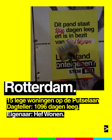 Rotterdam.
15 lege woningen op de Putselaan
Dagteller: 1096 dagen leeg.
Eigenaar: Hef Wonen.