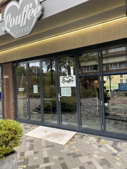 A coffee shop called "Louffee Coffee" with gray-framed glass doors. The building number "2037" is on the left.