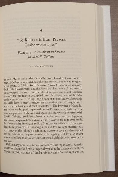 The first page of a chapter: Brian Gettler, "'To Relieve It from Present Embarrassments': Fiduciary Colonialism in Service to McGill College"