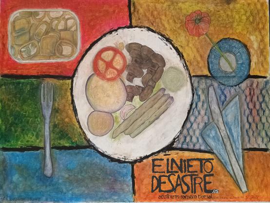 Pintura a la cera con tinta china de una mesa preparada para comer.