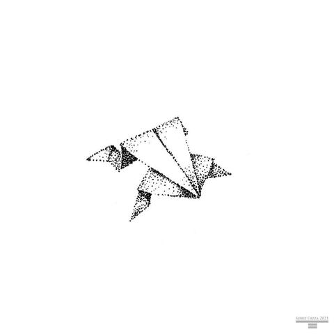 A small origami frog stippled in black ink.