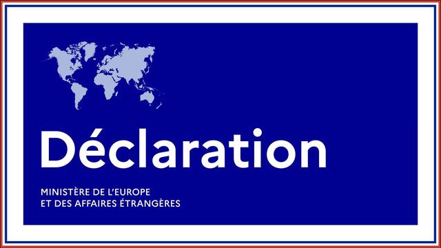 Blue background with light gray world map outline in upper left, white bold text Declaration centered above smaller white text Ministère de l'Europe et des Affaires étrangères, thin red border around edges, French flag colors in border.