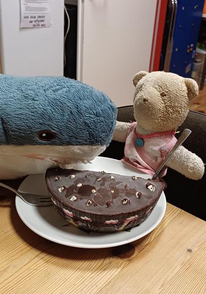 Hajco sitting on a wooden table with a bear sitting on a brown chair. On the table there is a white plate with half of a cake and two small forks. Hajco and the bear are both holding one of the forks