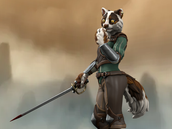 Miniatura que he creado en Hero Forge, vista lateral izquierda. Aparece una Tabaxi, o mujer gato, vestida de duelista, mirándose la uñas de la mano izquierda. Con aire despreocupado. Mientras con la derecha sostiene su espada, que ya está manchada de sangre. A sus pies, tendido boca arriba, hay un hombre joven con sangre en el pecho, que ha perdido el duelo.