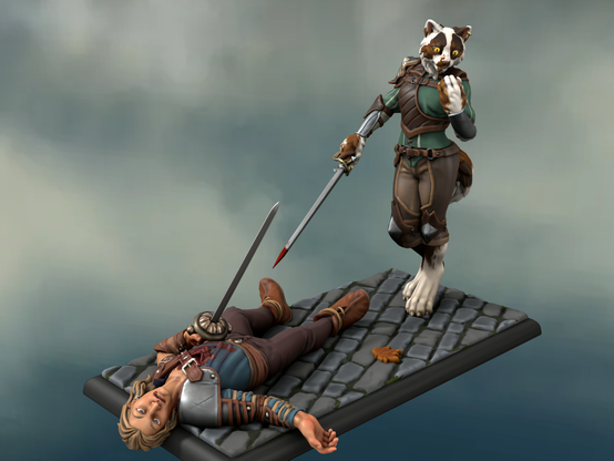 Miniatura que he creado en Hero Forge, vista general delantera. Aparece una Tabaxi, o mujer gato, vestida de duelista, mirándose la uñas de la mano izquierda. Con aire despreocupado. Mientras con la derecha sostiene su espada, que ya está manchada de sangre. A sus pies, tendido boca arriba, hay un hombre joven con sangre en el pecho, que ha perdido el duelo.
