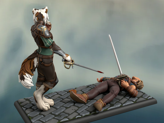 Miniatura que he creado en Hero Forge, vista general trasera. Aparece una Tabaxi, o mujer gato, vestida de duelista, mirándose la uñas de la mano izquierda. Con aire despreocupado. Mientras con la derecha sostiene su espada, que ya está manchada de sangre. A sus pies, tendido boca arriba, hay un hombre joven con sangre en el pecho, que ha perdido el duelo.