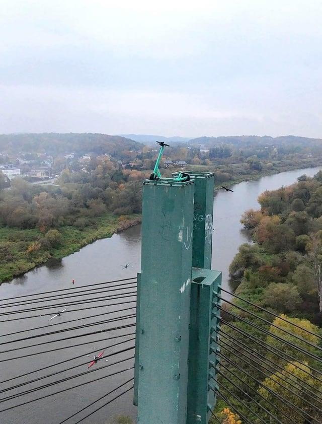 Das Bild zeigt eine grüne Brückensäule der Kotlarski-Brücke in Krakau über der Weichsel. Oben auf der Brückensäule steht ein Elektroroller.