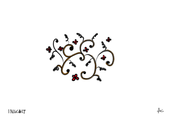 Curly curves with some dots here and there, some little flowers. Black ink with a little red and orange.