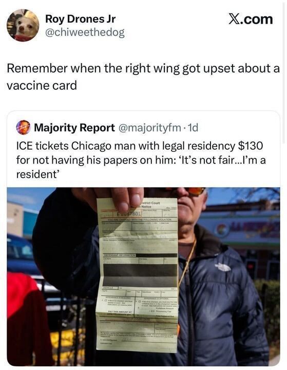 A tweet from Roy Drones Jr reads: “Remember when the right wing got upset about a vaccine card.” Below it, a retweeted post from Majority Report says: “ICE tickets Chicago man with legal residency $130 for not having his papers on him: ‘It’s not fair… I’m a resident.’” The image shows a man outdoors holding up a yellow citation ticket toward the camera, his face partially obscured. He appears to be wearing a dark jacket and sunglasses, with buildings and a bright blue sky in the background.