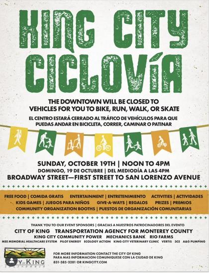 Poster for King City Ciclovia, 19 October 2025. For more information, 831-385-3281 or KingCity.com.