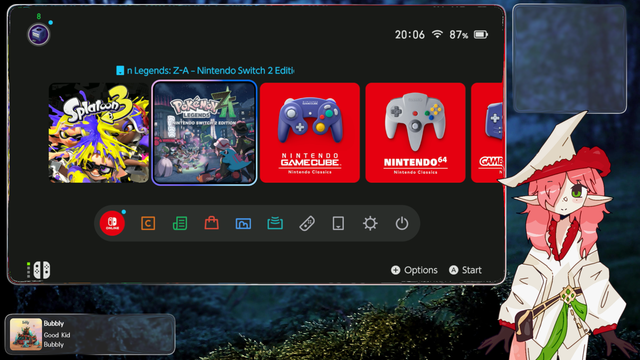 Screenshot of a Nintendo Switch 2 home screen at 20:06 with 87% battery. The selected tile is Pokémon Legends: Z-A – Nintendo Switch 2 Edition, highlighted in blue with a subtle gradient and rounded corners, characteristic of the Switch 2 UI. To its left is Splatoon 3, and to its right are three apps under the “Nintendo Classics” label: GameCube, Nintendo 64, and Game Boy Advance. The bottom menu includes News, eShop, Album, Controllers, Settings, and Power. In the bottom-left corner, a music player widget displays the track title “Bubbly,” artist “Good Kid,” and album “Bubbly.” On the right side of the screen, an anime-style character with pink hair, a white outfit, and a hat stands against a forested background, appearing as part of the overlay theme.