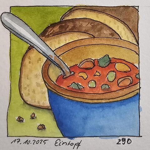 Aquarellskizze: Blaue Steingutschüssel gefüllt mit bunter Tomatensuppe, in die ein Löffel eingetaucht ist. Dahinter liegt aufgeschnittenes Brot.