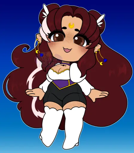 A digital drawing of Mavis DeLuna (feminine) in chibi form. She's standing cutely with her arms spread apart and one leg slightly bent. She's looking slightly down at the viewer with an open-mouthed smile.
