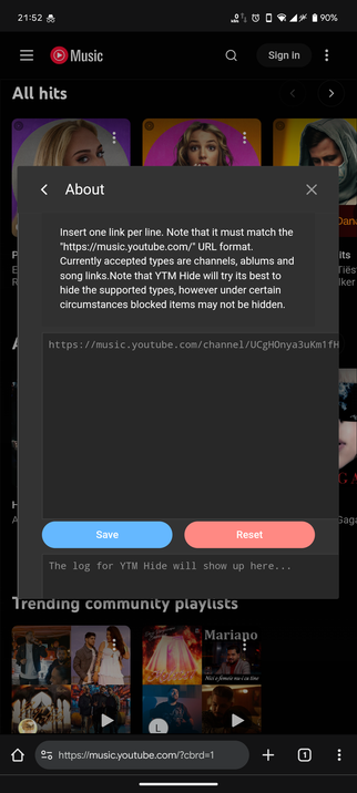 A screenshot of the YouTube Music website on mobile, with the settings page of YTM Hide visible, showing that the extension works.