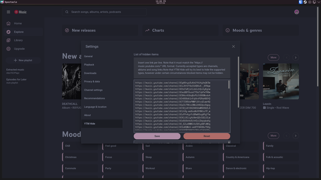 A screenshot of Zen Browser on the YouTube Music website, with the YTM Hide settings visible, where there are many channels added to the blocklist.