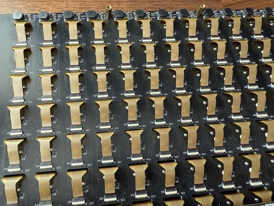 Bottom of the SoundSlab grid showing all the 12-pin 0.5 mm pitch FFCs connecting to the LCDs on each mechanical key