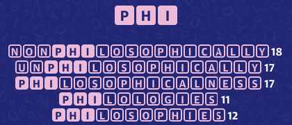 NONPHILOSOPHICALLY 18
UNPHILOSOPHICALLY 17
PHILOSOPHICALNESS 17
PHILOLOGIES 11
PHILOSOPHIES 12