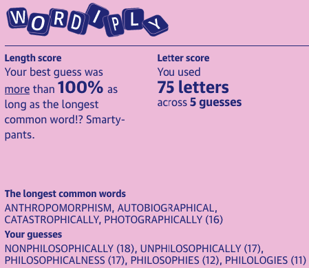 The longest common words:
ANTHROPOMORPHISM, AUTOBIOGRAPHICAL, CATASTROPHICALLY, PHOTOGRAPHICALLY (16)