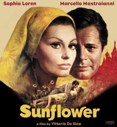 The image is a vintage movie poster featuring two prominent figures in the foreground. On the left is a woman with a yellow headscarf, gazing emotionally into the distance. On the right is a man with dark hair, looking forward with a serious expression. Below them, the poster shows a couple embracing in a field of sunflowers. The background is a faded, warm tone with hints of red structures, possibly a cityscape, at the horizon. The title "Sunflower" is prominently displayed in bold yellow letters at the bottom, along with the text indicating it is a film by Vittorio De Sica. The names "Sophia Loren" and "Marcello Mastroianni" are written at the top in red letters.