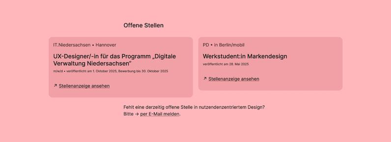 Partial screenshot of a website displaying open 2 design positions – a UX design position in Hanover and a brand design working student role in Berlin