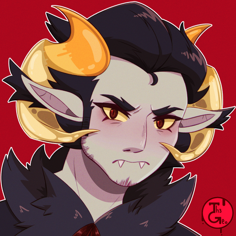 - Drawing Type:
Normal Style / Cell Shading / Icon

- [ 1 ] Character/s:
* Troll / Male

- Background:
Flat color

- Description:
Drawing of troll [From the universe of "Homestuck"] loking at the viewer with an angry look. He have a pait of yellow horns and grey skin, both characteristics of the specie, and it's wearing a fluffy coat