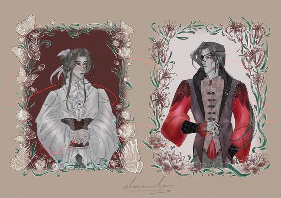 a picture of hualian, depicting them in two portraits: xl's is adorned with simple white flowers and butterflies and hc's with lotuses and spider lilies. they are bound by the red string. xl is wearing frilly-flowy white silk robes and a corset, and hua cheng - a snatched suit, though his sleeves are puffy too (and red, ofc). they both have pearled jewellery and the infamous red bead is incorporated into hc's earring and xl's brooch at the neck. it looks as though they are gazing at each other. the lace at xl's collar and at the edges of the sleeves has a butterfly motif, while hc's shirt and trousers are rose-patterned.