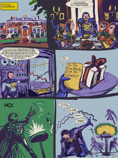 brief comic strip mixing an extremely generalized idea of the right wing police themed television program "Blue Bloods" with an attempt at the visual style and a typical plot of a vintage american super hero comic book