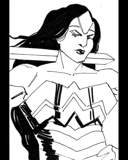 Dibujo a rotulador de Wonder Woman con la melena al viento y la espada a la espalda.