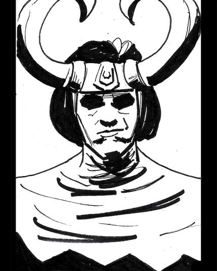 Dibujo con rotuladores de Loki. La luz es cenital, dejando sus ojos en sombra.