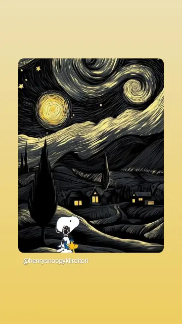 Snoopy und Woodstock bewundern eine schwarzgelbweiße Version der Sternennacht von Vincent van Gogh, KI generiert.