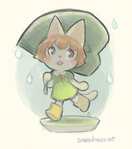Illustration of Felicity from Animal Crossing. She is in a rainy setting, carrying a big green leaf as an umbrella.