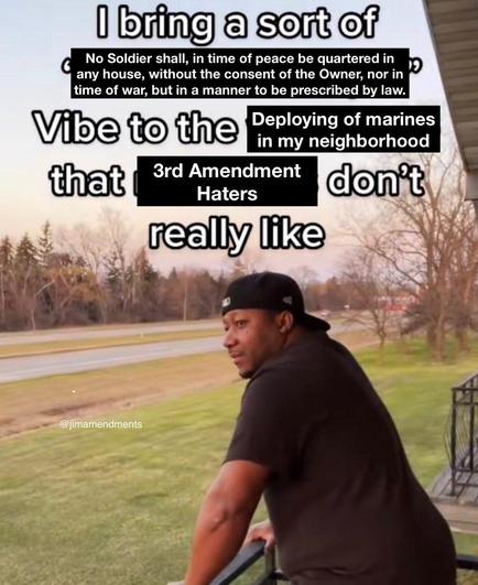 I bring a sort of "No Soldier shall, in time of peace be quartered in any house, without the consent of the Owner, nor in time of war, but in a manner to be prescribed by law." Vibe to the Deploying of marines in my neighborhood that 3rd Ammendment Haters don't really like