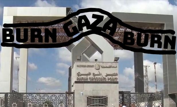 Foto van de Rafah grensovergang met daarop getekend, in Auschwitz stijl (boven de toegangspoort aldaar: "Arbeit Macht Frei") met hier de de wens van de meeste Israëliërers en hun "vriend" Donald Trump:

BURN GAZA BURN

Bron van de foto: https://www.aljazeera.com/amp/video/inside-story/2025/10/16/when-will-israel-reopen-gazas-rafah-crossing