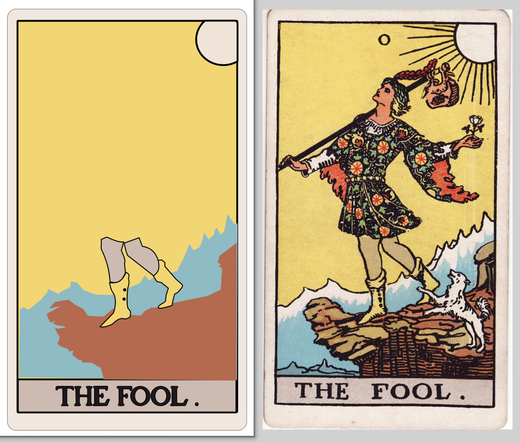 On the right, a standard image of The Fool from the Rider Waite deck. A page-looking character in medieval dress is carrying a sack on a pole while not looking where they're walking. The card is yellow and brightly colored. The fool is about to walk off the edge of a cliff, while a little white dog barks next to them. 

On the left, what is a rudimentary blocked out version of the same card. The cliff and mountains are roughly blocked in and the start of the fool's legs. At the bottom of both cards is text saying "THE FOOL."