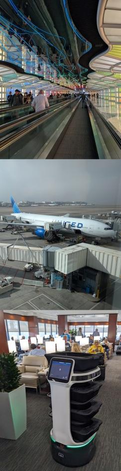 From top to botton: a photo of ORD's "Sky's the Limit" artwork, a picture of a Boeing 777 at DEN; a robot at a United Club at IAH.