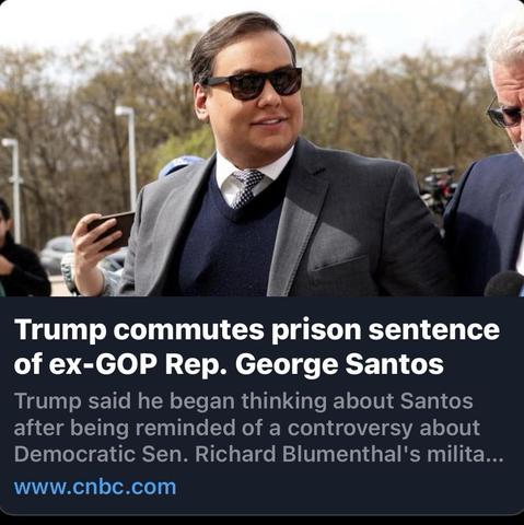 Image depicts a man with sunglasses, smiling and wearing a suit, walking alongside another individual who is holding a phone. The background includes trees and other people. The text highlights that Trump commuted the prison sentence of ex-GOP Rep. George Santos.