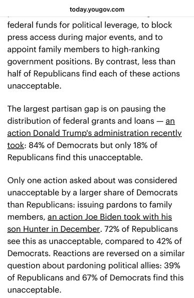 An article discussing partisan views on political actions, including the use of federal funds for leverage, press access restrictions, and family member appointments in government. It highlights differing opinions among Democrats and Republicans on issues like pausing federal grants and issuing pardons.