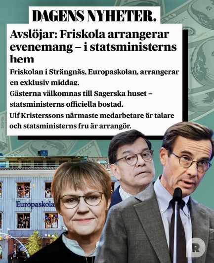 DAGENS NYHETER. Avslöjar: Friskola arrangerar evenemang - i statsministerns hem Friskolan i Strängnäs, Europaskolan, arrangerar en exklusiv middag. Gästerna välkomnas till Sagerska huset - statsministerns officiella bostad. Ulf Kristerssons närmaste medarbetare är talare och statsministerns fru är arrangör.