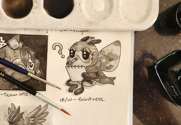 Ink painting of a Ribombee, a bee fly Pokémon, dressed as Mina (a Pokémon Trainer/Captain) drawing and covered in paint.