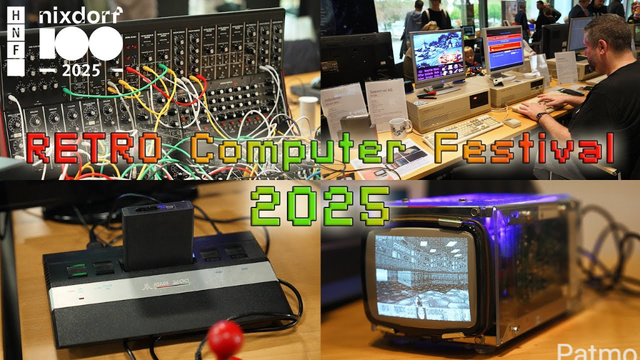 Das Bild zeigt 4 Fotos vom Retro Computer Festival 2025, das im Heinz-Nixdorf-Museumsforum stattfand. Auf dem Fotos sieht man alte Konsolen, Computer, Eigenbauten und Steckkonsolen. Einblicke in die Spiele seiner Zeit gab es natürlich auch.