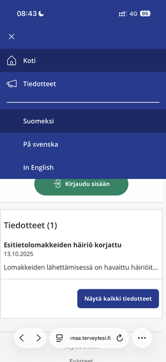 Ruotsinkielisen Pohjanmaan hyvinvointialueen sivut suomeksi ruoksinkielisestä linkistä