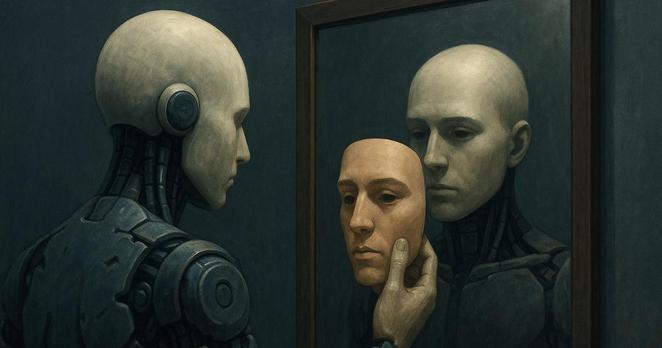 Un humanoïde en métal observe son reflet dans un miroir tout en tenant un masque humain devant son visage : métaphore du simulacre et de la conscience du « faire semblant » – illustration du thème : IA, imposture, identité et lucidité critique.