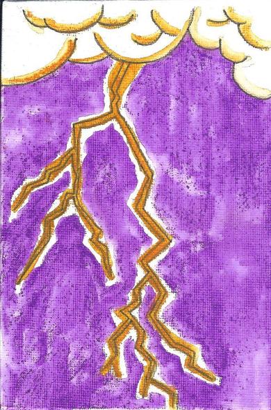 Un dessin d'un éclair jaune sur fond violet, on voit le nuage blanc au-dessus